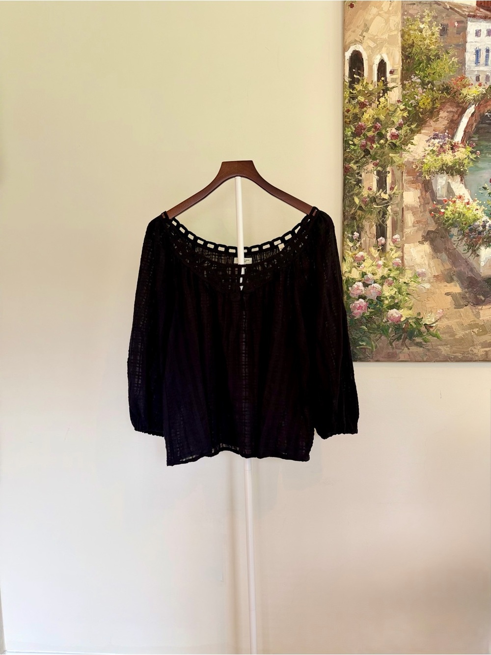 Max Studio Black Boho Crochet Lace Blouse Flowy Peasant Top Size Medium